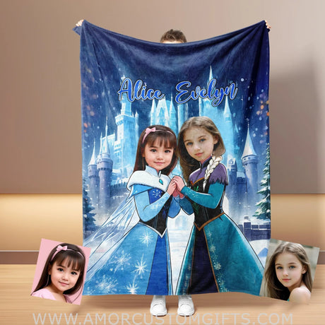 Blankets Personalized Fairy Tale Frozen Sisters Elsa Princess Blanket | Custom Name & Face Girl Princess Blanket