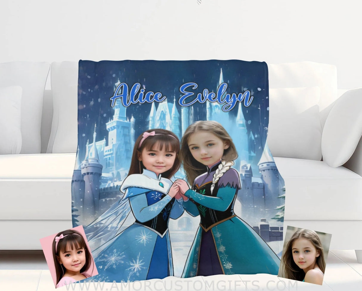 Blankets Personalized Fairy Tale Frozen Sisters Elsa Princess Blanket | Custom Name & Face Girl Princess Blanket