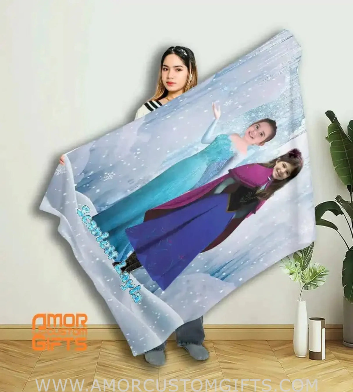 Blankets Personalized Fairy Tale Frozen Sisters Princess Blanket | Custom Name & Face Princess Nursery Theme Blanket