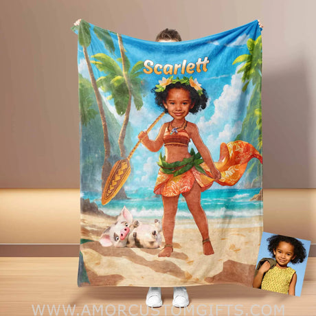 Blankets Personalized Fairy Tale Moana Princess 1 Blanket | Custom Name & Face Girl Princess Blanket