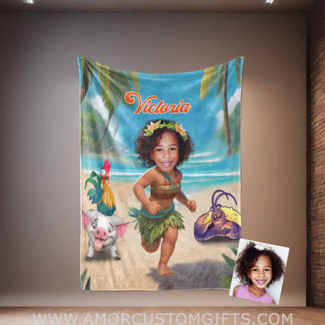 Blankets Personalized Fairy Tale Moana Princess 3 Blanket | Custom Name & Face Girl Princess Blanket