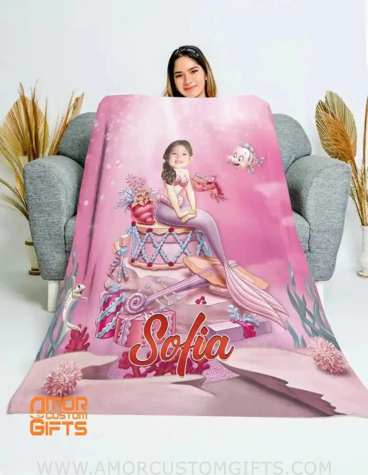 Blankets Personalized Fairy Tale Pink Ariel Mermaid 2 Princess Blanket | Custom Name & Face Girl Ariel Princess Blanket