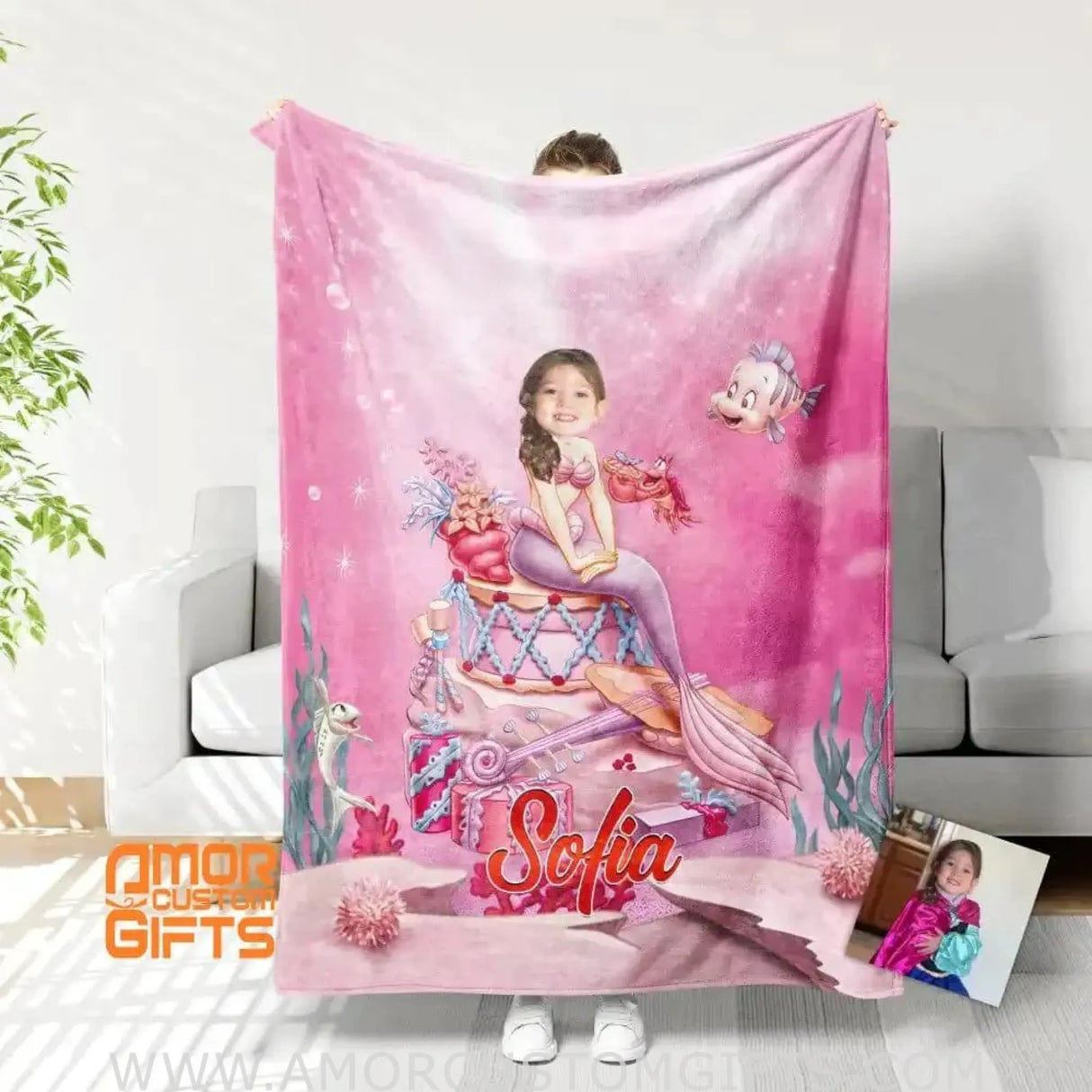 Blankets Personalized Fairy Tale Pink Ariel Mermaid 2 Princess Blanket | Custom Name & Face Girl Ariel Princess Blanket
