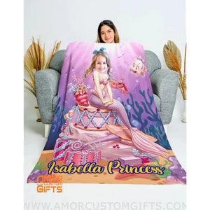 Blankets Personalized Fairy Tale Pink Ariel Mermaid Princess Blanket | Custom Name & Face Girl Ariel Princess Blanket
