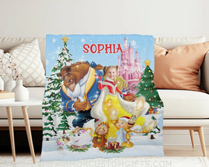 Blankets Personalized Fairy Tale Princess Belle Xmas Christmas Blanket | Custom Face & Name Christmas Girl Blanket