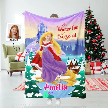Blankets Personalized Fairy Tale Princess Rapunzel Xmas Christmas Blanket | Custom Face & Name Christmas Girl Blanket