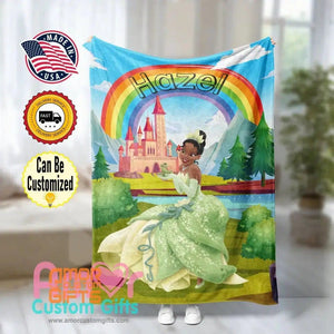 Blankets Personalized Fairy Tale Rainbow Tiana Princess Blanket | Custom Name & Face Princess & The Rainbow Blanket