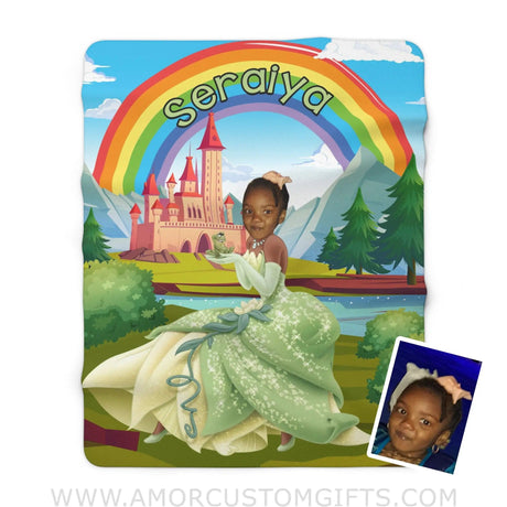 Blankets Personalized Fairy Tale Rainbow Tiana Princess Blanket | Custom Name & Face Princess & The Rainbow Blanket