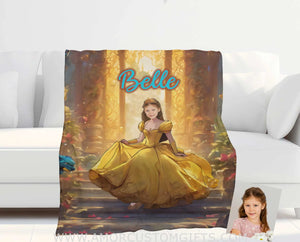 Blankets Personalized Fairy Tale Yellow Gown Belle Princess Blanket | Custom Name & Face Girl Princess Blanket