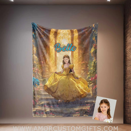 Blankets Personalized Fairy Tale Yellow Gown Belle Princess Blanket | Custom Name & Face Girl Princess Blanket