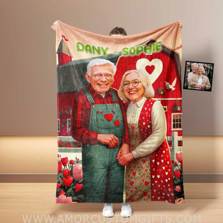 Blankets Personalized Famer Elderly Couple Blanket | Custom Face & Name Couple Blanket