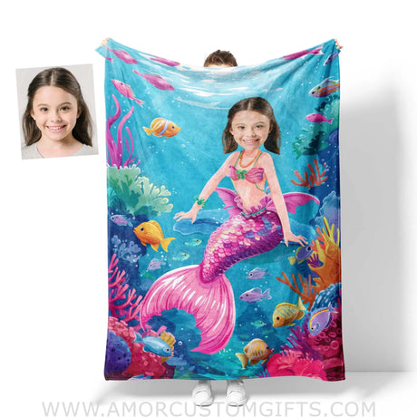 Blankets Personalized Fashion Doll Barbie Mermaid Girl Blanket | Custom Name & Face Girl Blanket