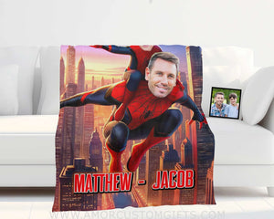 Blankets Personalized Father Day's Spider Man Dad And Son Flying Over Skyscrapers Blanket | Custom 2 Spider Photo Blankets