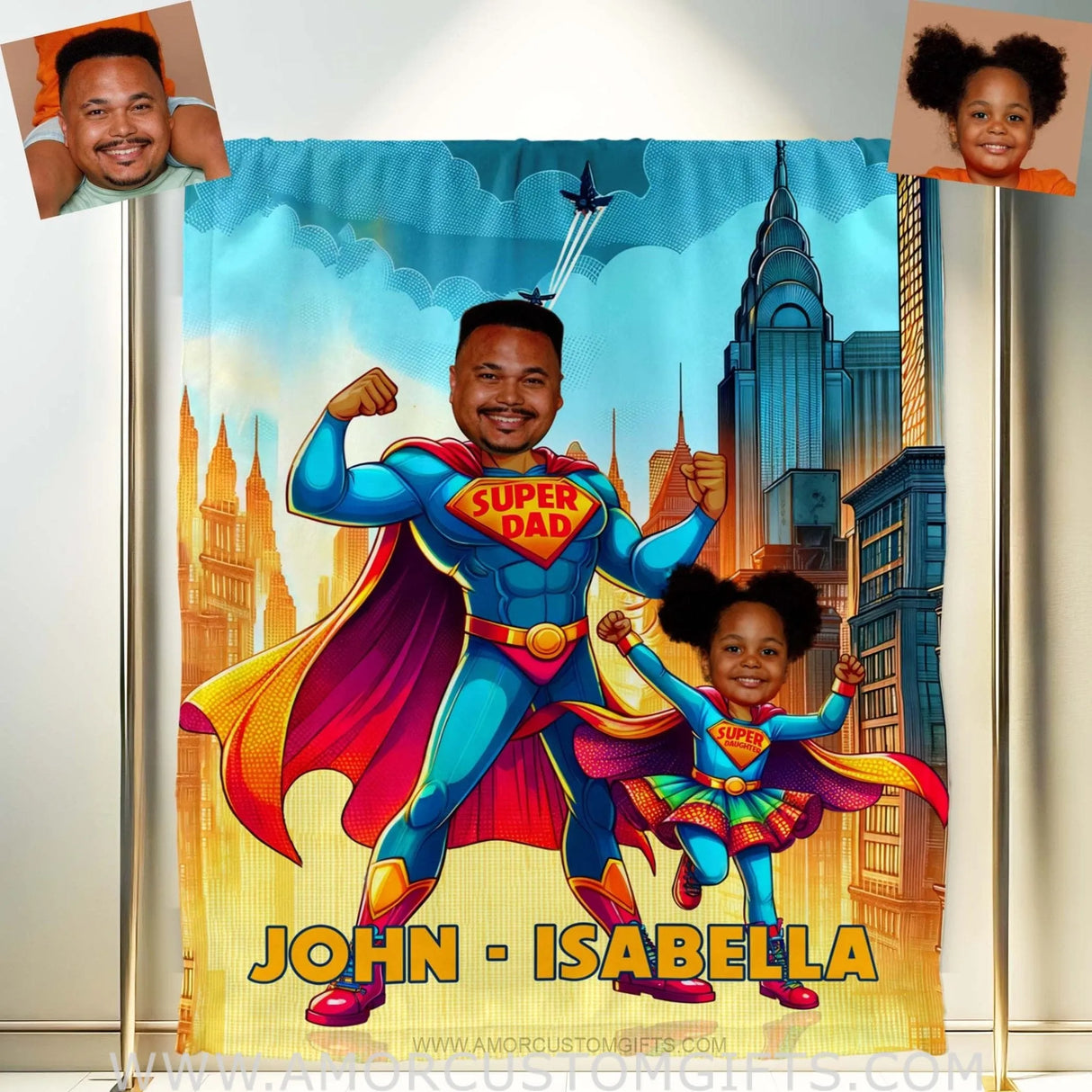 Blankets Personalized Father Day's Super Dad Super Daughter Super Son Blanket | Custom Face & Name Father Daughter Son Blanket