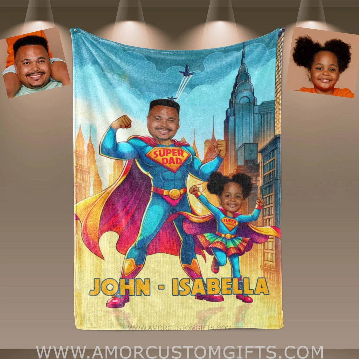 Blankets Personalized Father Day's Super Dad Super Daughter Super Son Blanket | Custom Face & Name Father Daughter Son Blanket