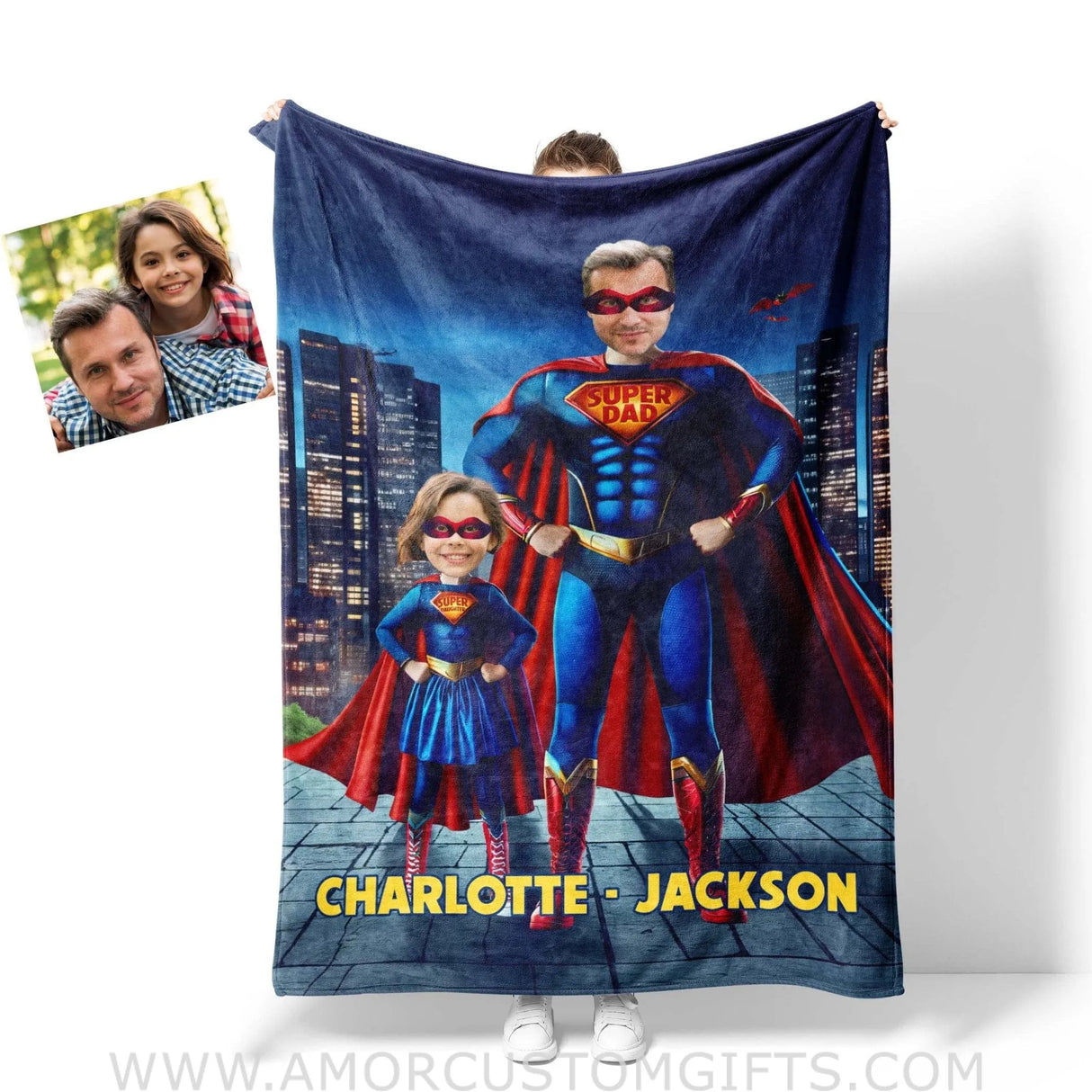 Blankets Personalized Father Day's Super Dad Super Daughter Super Son In City Of Light Blanket | Custom Face & Name Father Daughter Son Blanket