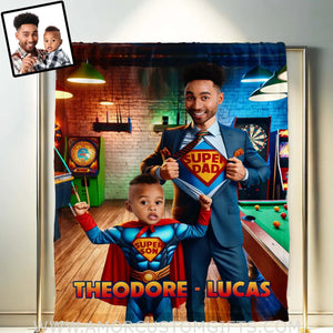 Blankets Personalized Father Day's Super Dad Super Son Billard House Blanket | Custom Face & Name Father Son Blanket