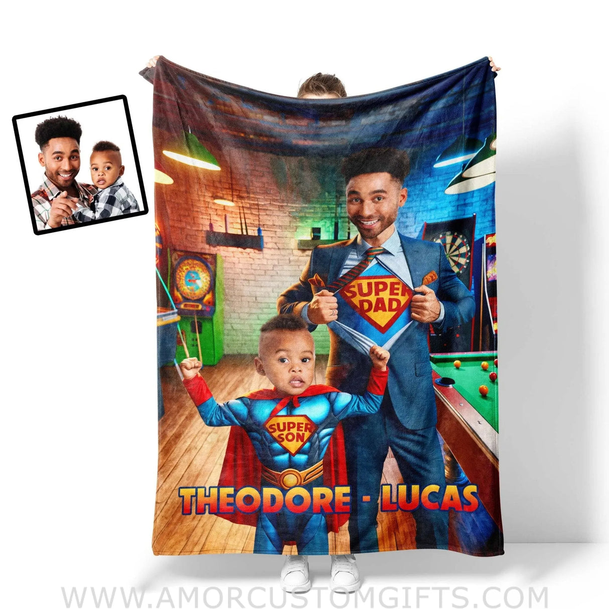 Blankets Personalized Father Day's Super Dad Super Son Billard House Blanket | Custom Face & Name Father Son Blanket