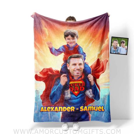 Blankets Personalized Father Day's Super Dad Super Son Blanket | Custom Face & Name Father Son Blanket