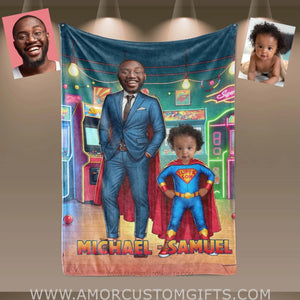 Blankets Personalized Father Day's Super Dad Super Son Game House 2 Blanket | Custom Face & Name Father Son Blanket