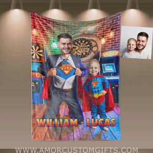 Blankets Personalized Father Day's Super Dad Super Son Game House Blanket | Custom Face & Name Father Son Blanket