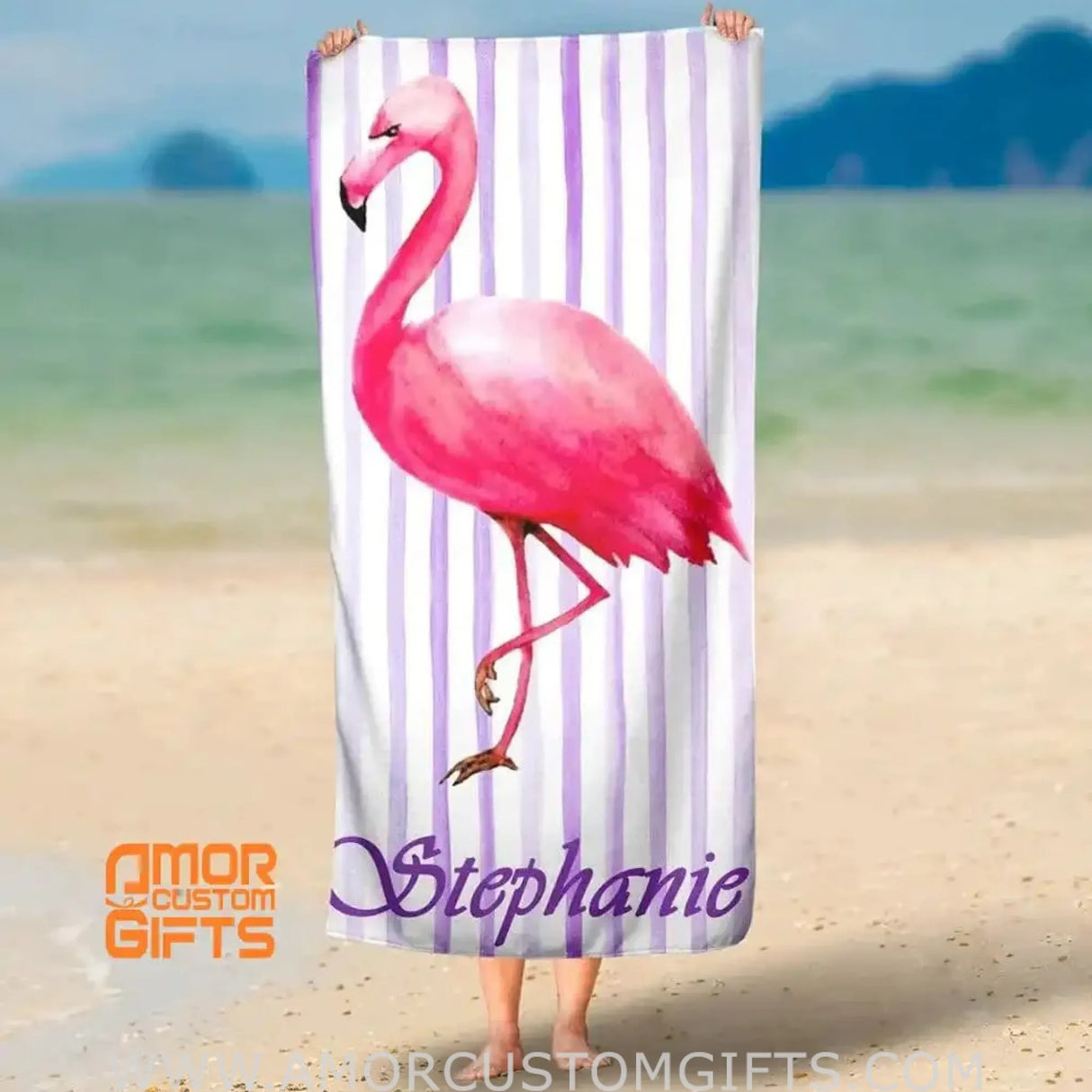 Towels Personalized Flamingo Custom Name Beach Towel, Perfect Gift in Summer, Customized Flamingo Beach Towel