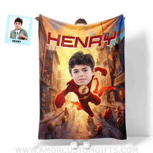 Blankets Personalized Flash Blanket | Custom Face & Name Superhero Boy Blanket