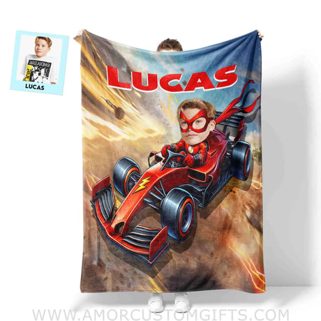 Blankets Personalized Flash Motorcycle Blanket | Custom Face & Name Superhero Boy Blanket