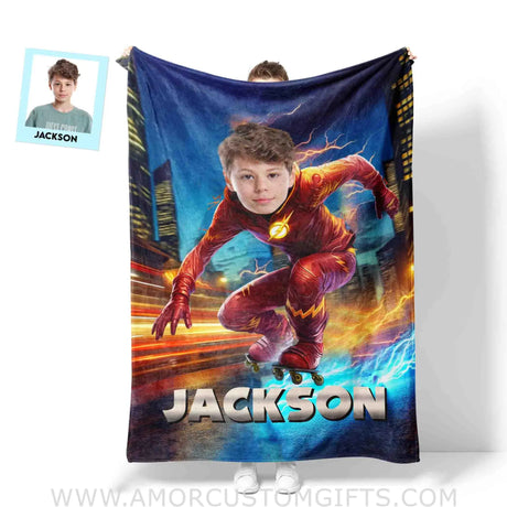 Blankets Personalized Flash Skating Blanket | Custom Face & Name Superhero Boy Blanket