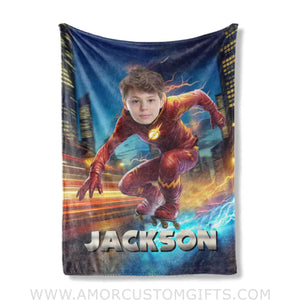 Blankets Personalized Flash Skating Blanket | Custom Face & Name Superhero Boy Blanket