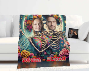 Blankets Personalized Flower Skeleton Couple Blanket | Custom Face & Name Couple Blanket