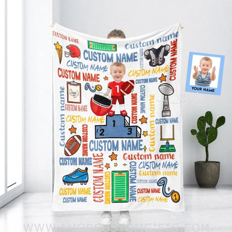 Blankets Personalized Football Boy Blanket | Custom Face & Name Sport Boy Blanket
