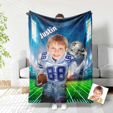 Blankets Personalized Football Dallas Boy Blanket | Custom Face & Name Sport Football Cowboys Blanket