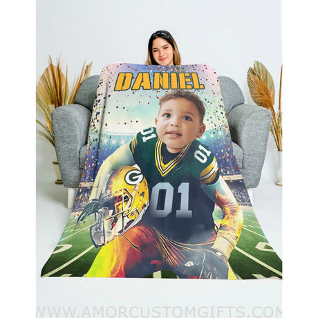 Blankets Personalized Football Green Bay Boy Blanket | Custom Face & Name Sport Football Packers Boy Blanket