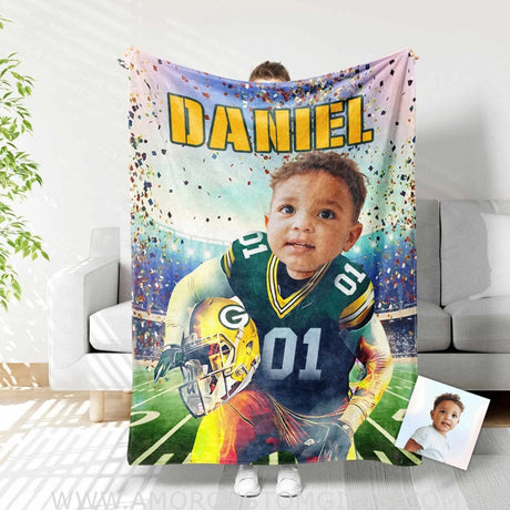 Blankets Personalized Football Green Bay Boy Blanket | Custom Face & Name Sport Football Packers Boy Blanket