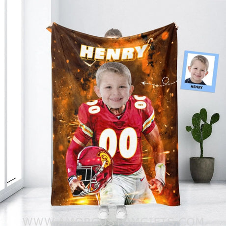 Blankets Personalized Football Kansas City Boy Blanket | Custom Face & Name Sport Football Chiefs  Boy Blanket