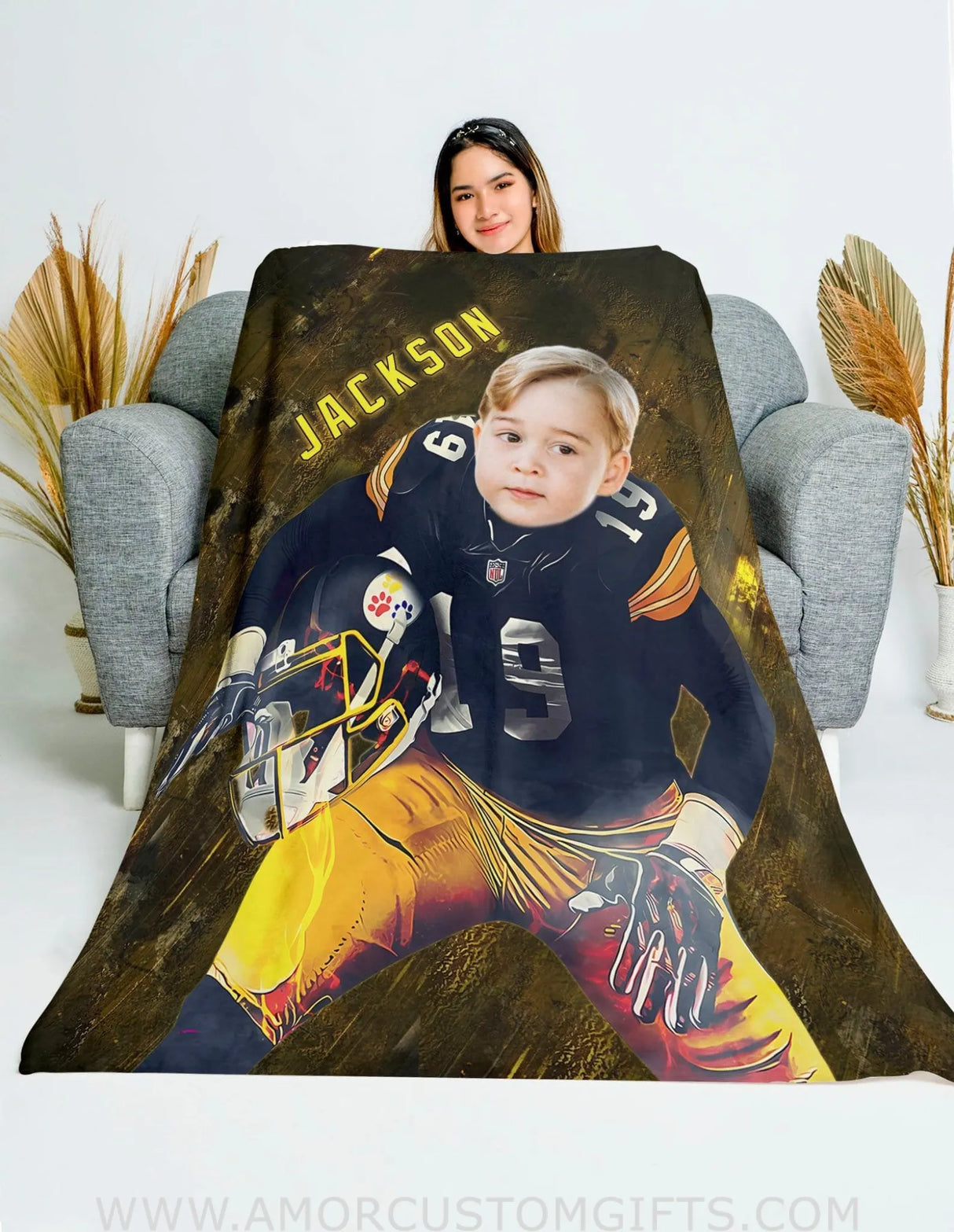 Blankets Personalized Football Pittsburgh Boy Blanket | Custom Face & Name Sport Football Steelers Boy Blanket