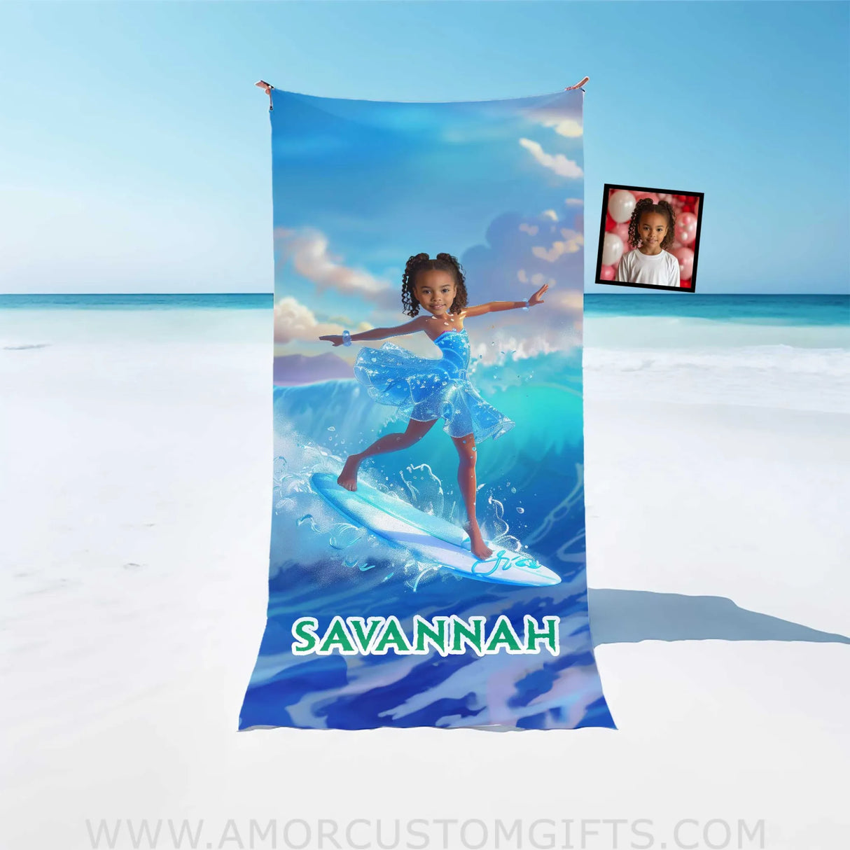 Personalized Frozen Black Elsa Princess Summer Surfing Girl Beach Towel | Custom Name & Photo Towels