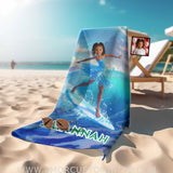 Personalized Frozen Black Elsa Princess Summer Surfing Girl Beach Towel | Custom Name & Photo Towels