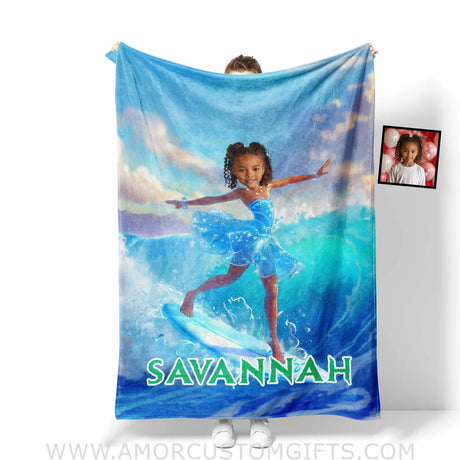 Personalized Frozen Black Elsa Princess Summer Surfing Girl Blanket | Custom Name & Face Blankets
