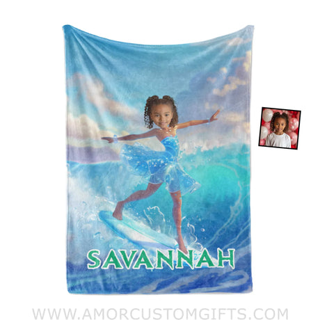 Personalized Frozen Black Elsa Princess Summer Surfing Girl Blanket | Custom Name & Face Blankets