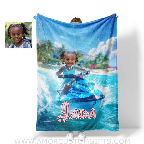 Personalized Frozen Elsa Princess Summer Beach Jet Ski Black Girl Blanket | Custom Name & Face