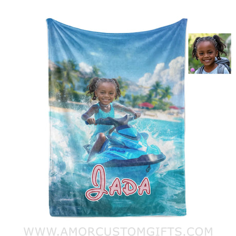 Personalized Frozen Elsa Princess Summer Beach Jet Ski Black Girl Blanket | Custom Name & Face