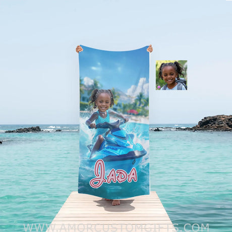 Personalized Frozen Elsa Princess Summer Beach Jet Ski Black Girl Towel | Custom Name & Photo Towels