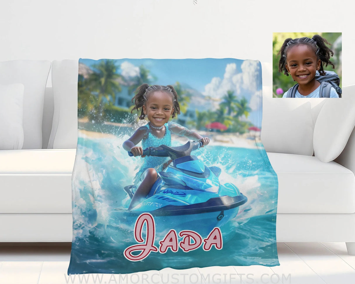 Personalized Frozen Elsa Princess Summer Beach Jet Ski Blanket | Custom Name & Face Girl Blankets