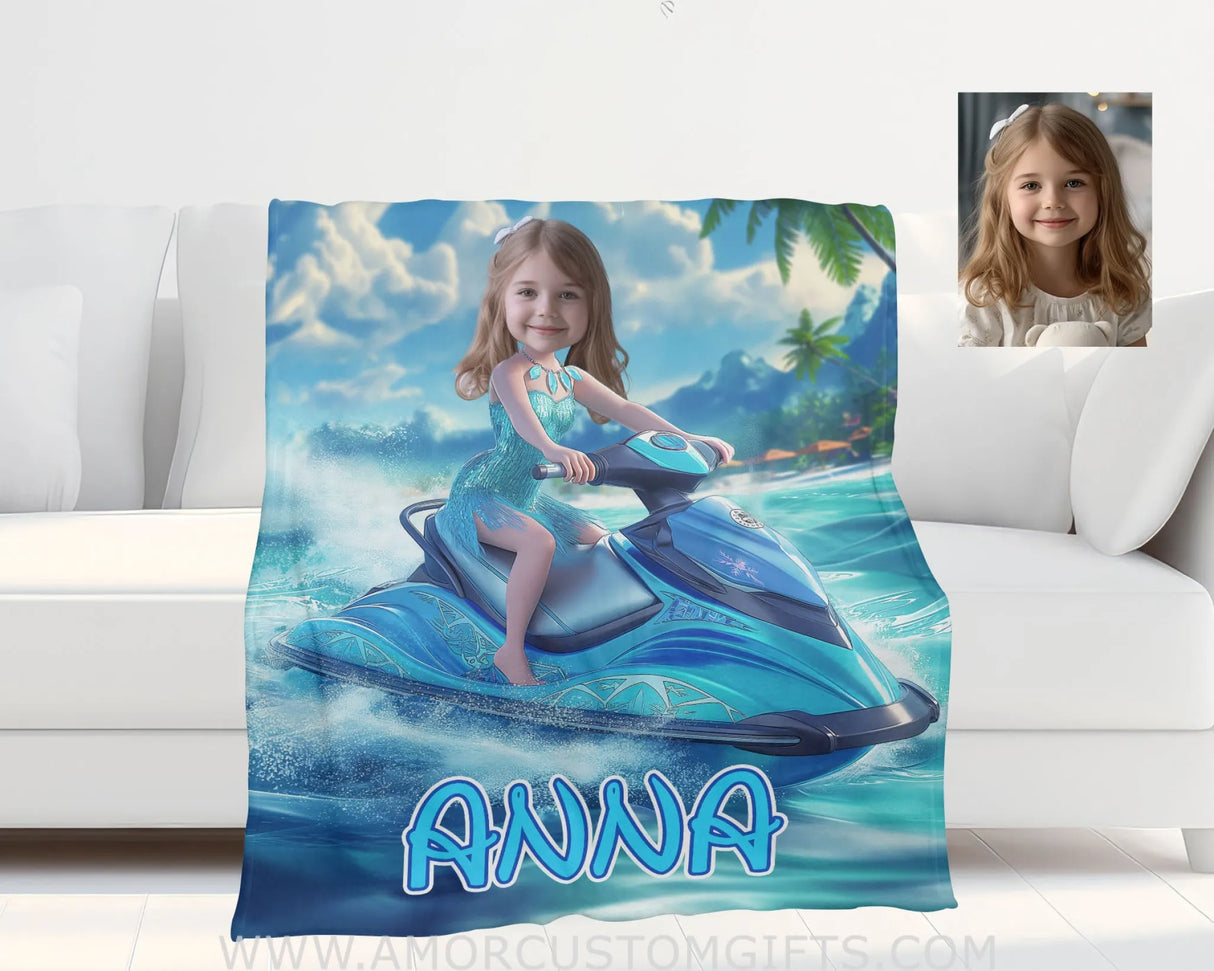 Personalized Frozen Elsa Princess Summer Beach Jet Ski Blanket | Custom Name & Face Girl Blankets