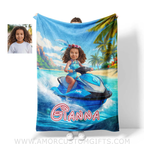 Personalized Frozen Elsa Princess Summer Beach Jet Ski Brown Hispanic Girl Blanket | Custom Name &