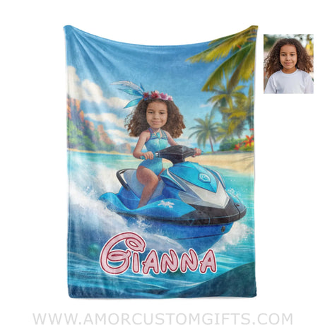 Personalized Frozen Elsa Princess Summer Beach Jet Ski Brown Hispanic Girl Blanket | Custom Name &