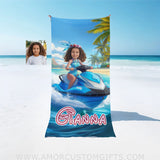 Personalized Frozen Elsa Princess Summer Beach Jet Ski Brown Hispanic Girl Towel | Custom Name &