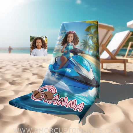 Personalized Frozen Elsa Princess Summer Beach Jet Ski Brown Hispanic Girl Towel | Custom Name &